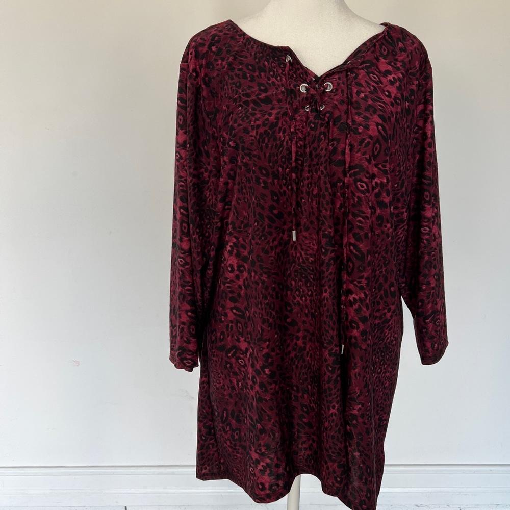 NY collection size 2X wine & black 3/4 sleeve blouse with tie up v neck NWT